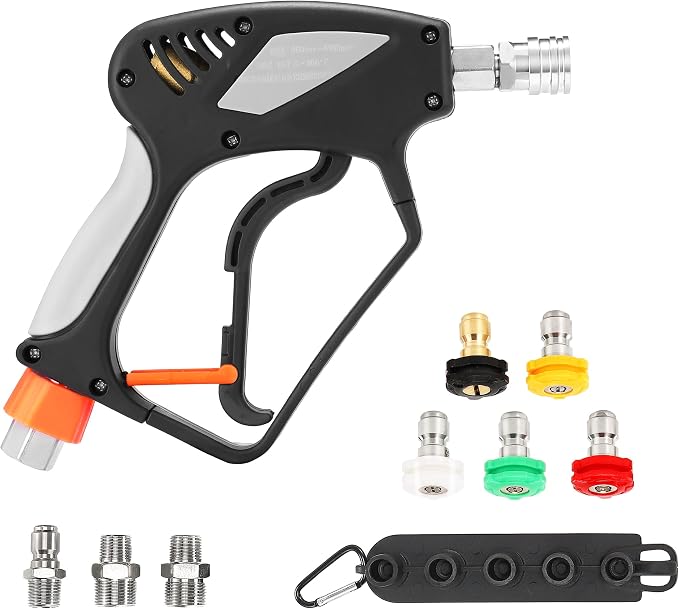 PWACCS Short Pressure Washer Gun with Swivel, 5000 PSI, Black | Power Washer Short Gun, 3/8" Quick Connector, M22 14mm/15mm Fitting, 5 Nozzle Tips with Holder