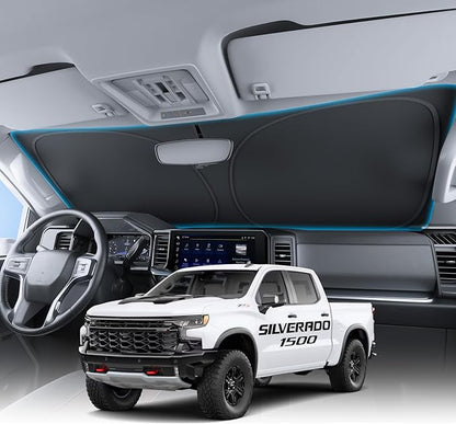Wigoo for Chevrolet Silverado 1500 Windshield Sunshade [OEM Design, 100% Sun Blockage] Foldable Heat Insulation Sun Shade with Storage Bag, for Chevrolet Silverado 1500 (2019-2026), Silver Coating