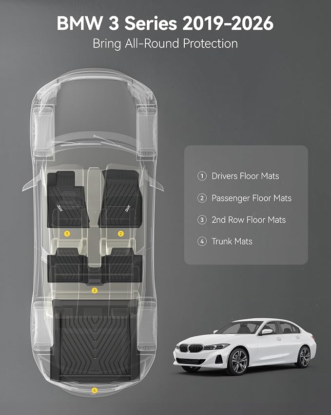 3W Floor Mats Custom Fit for 2019-2024 2025 2026 BMW G20 3 Series 330i 330e Sedan, TPE All Weather Floor Liner for BMW 3 Series G20 Accessories 1st and 2nd Row Full Set Car Mats (NOT for GT & 2 Door)