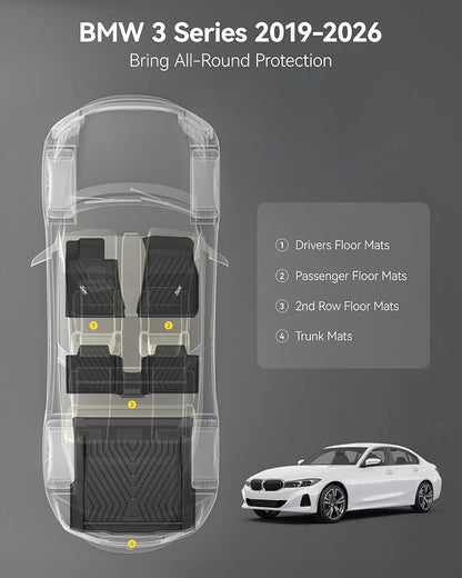 3W Floor Mats Custom Fit for 2019-2024 2025 2026 BMW G20 3 Series 330i 330e Sedan, TPE All Weather Floor Liner for BMW 3 Series G20 Accessories 1st and 2nd Row Full Set Car Mats (NOT for GT & 2 Door)