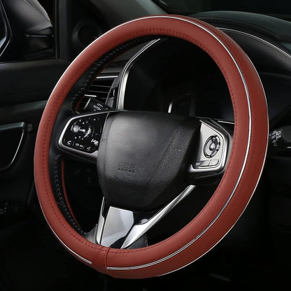 ALEMODR Claret Leather Steering Wheel Cover Fiber Strip Car Steering Wheel Cover Universal 15 inch for Women Girls