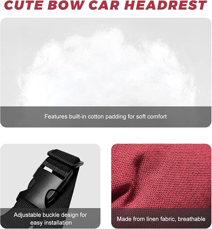 Cute Bow Car Headrest Pillow, Soft Comfortable Bow Auto Seat Pillow with Adjustable Strap, Breathable Ergonomic Neck Support Cushion Bowtie Decoration for Most Vehicles (Red)