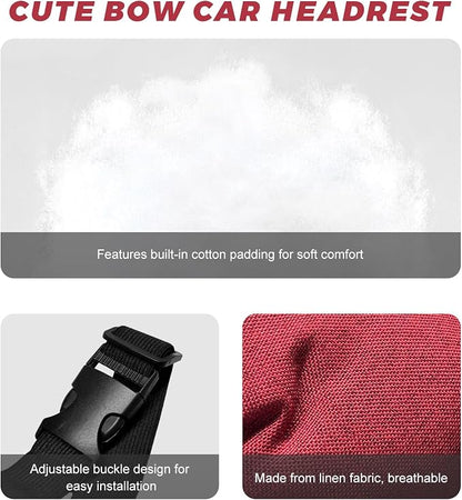 Cute Bow Car Headrest Pillow, Soft Comfortable Bow Auto Seat Pillow with Adjustable Strap, Breathable Ergonomic Neck Support Cushion Bowtie Decoration for Most Vehicles (Red)