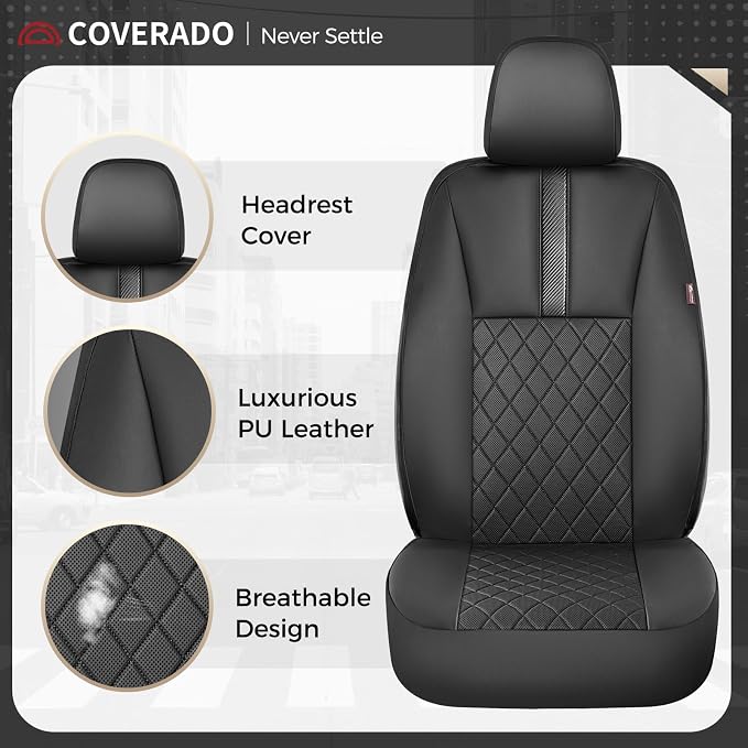 Coverado Car Seat Covers Full Set, Automotive Leather Seat Covers for Car，Universal Fit Front Back Seat Cover, Non-Slip Waterproof Breathable Car Seat Protector