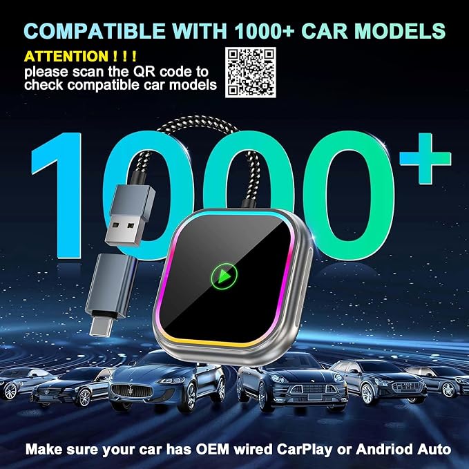 Wireless CarPlay Adapter 2-in-1 for iPhone & Android Auto, Converts Wired to Wireless CarPlay, Compatible with 800+ Car Models (2016+), iPhone iOS 10+ & Android Devices
