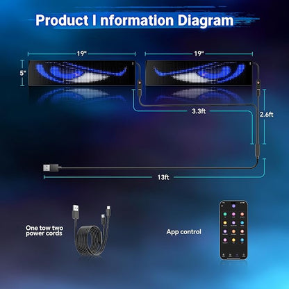 Devil Eyes Light for Cars,Flexible Scrolling Programmable LED Signs,LED Eyes for Truck Windshield,Custom Editor Colours,Animations,Text (19"x 5"/2Pcs)