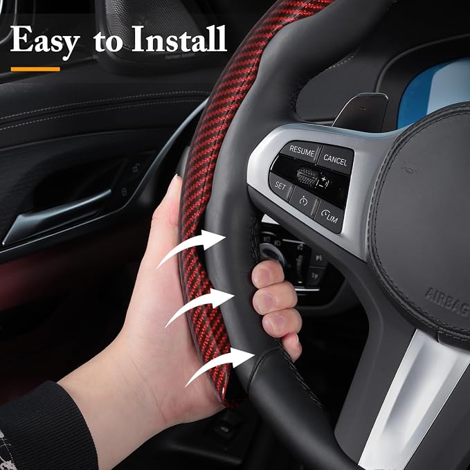 Carbon Fiber Steering Wheel Cover, Snap on Car Steering Wheel Cover Set Accessories 3pcs Wrap Grip Non Slip Protector Universal Glossy Red