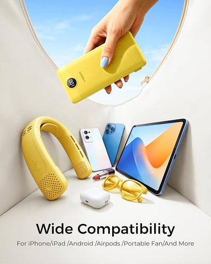 VEGER Portable Charger Power Bank with Built-in AC Plug and Cables, All in One 10000mAh Ultra Slim Travel Essentials, Fast Charging Battery Pack Compatible with iPhone, Samsung, Android, Yellow