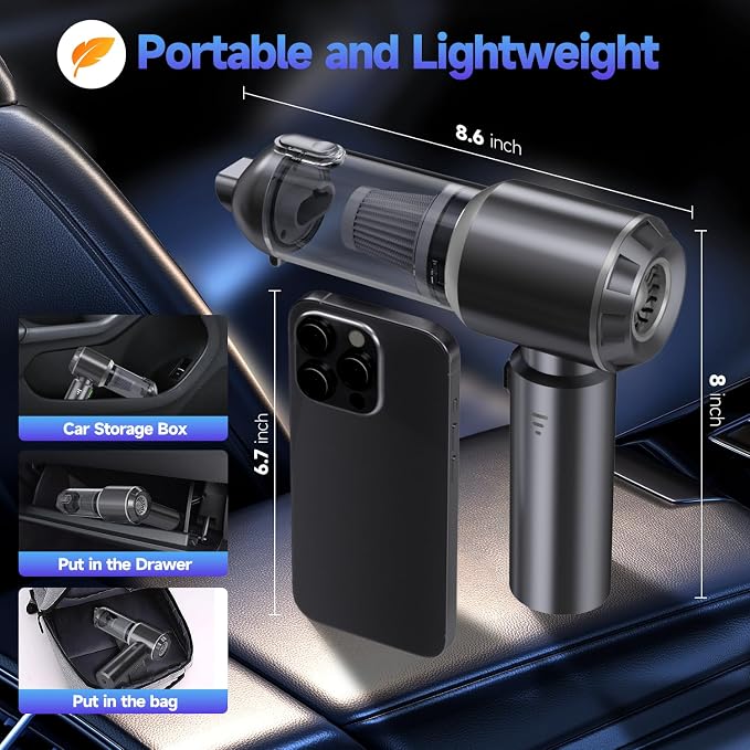 Car Vacuum Portable Cordless, Small Handheld Vacuum Cleaner with 24000PA High Power Suction, Mini Vacuum Cordless Rechargeable with One-Touch Empty, 10-in-1 Hand Vac for Car Home Office Dust