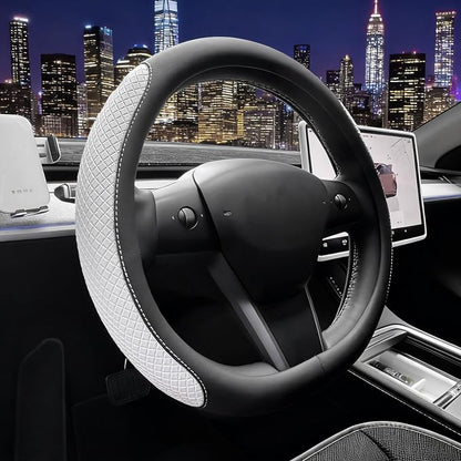 SEG Direct Flat Bottom Steering Wheel Cover, D Shaped Car Wheel Cover 14 1/2-15 in. (37-39 cm), Black White Embossed Microfiber Leather