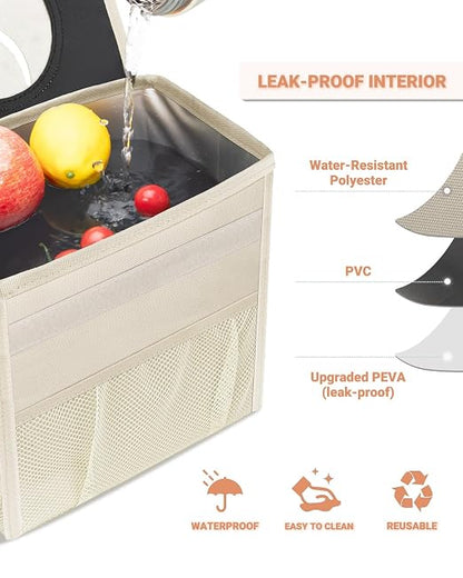 Capolo Car Trash Can with Lid, Leakproof Car Trash Bag Hanging Waterproof Automotive Garbage Can with Storage Pockets Mini Vehicle Trash Bin for Back/Front Seat(Beige,4 Gallon)