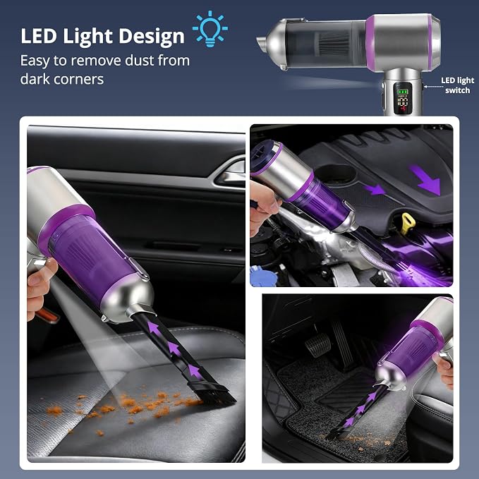 Cordless Handheld Vacuum with 17000Pa Suction, Portable Car Vacuum Cleaner for Pet Hair, Home & Desk, 3-Speed, LED Light, 4-in-1 Nozzles, Type-C Charging
