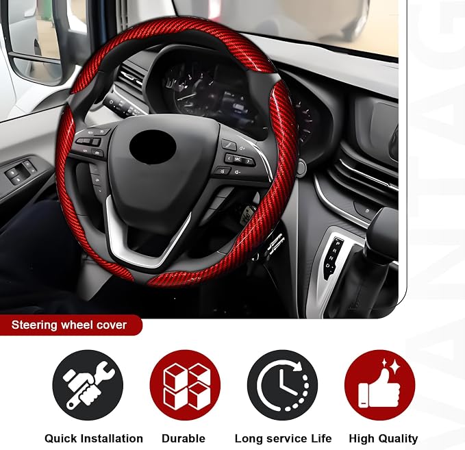 3pcs Universal Carbon Fiber Steering Wheel Cover - Anti-Slip & Segmented Design, Universal 99% Durable Steering Wheel Protector for Men and Women, Car Interior Accessory (Red)