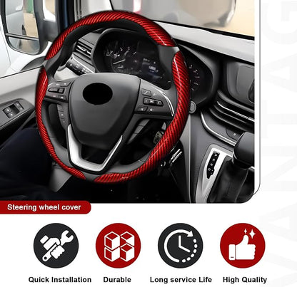 3pcs Universal Carbon Fiber Steering Wheel Cover - Anti-Slip & Segmented Design, Universal 99% Durable Steering Wheel Protector for Men and Women, Car Interior Accessory (Red)