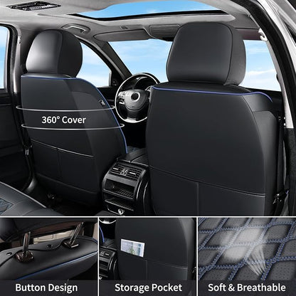 Huidasource Dodge Ram Seat Covers, Front&Rear Pickup Truck Leather Seat Cover Fit for 2009-2018 1500, 2010-2025 2500/3500 Crew Mega Cab, 2019-2025 ram 1500 Classic only(Full Set/Black&Blue)