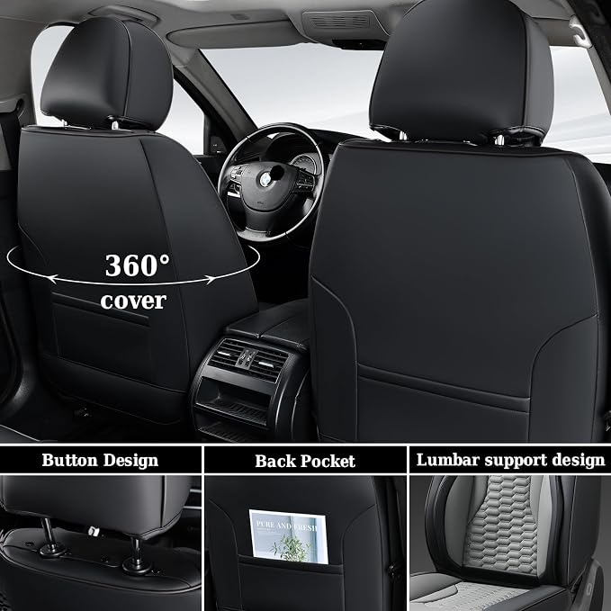 Coverado Car Seat Covers Full Set, 5 Seats Nappa Leather Seat Covers for Cars, Waterproof Automotive Car Seat Covers Interior Accessories Universal Fit Most Sedans, SUVs, Pick-up Trucks(Black&Gray)