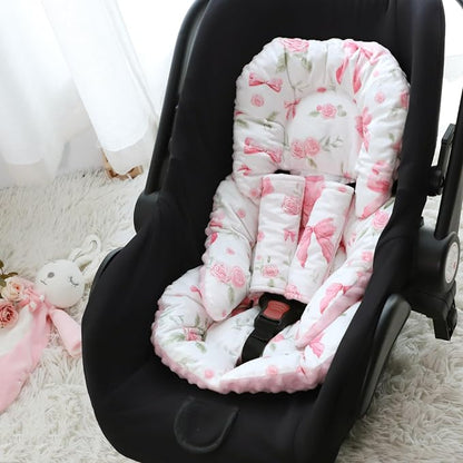 Infant Car Seat Insert Girls, Soft Car Seat Head Support Baby & 2 Strap Pads, Preemie Newborn Carseat Insert Reversible Fits for Stroller, Baby Swing, Rocker, Bassinets, Bouncer, Pink Rose