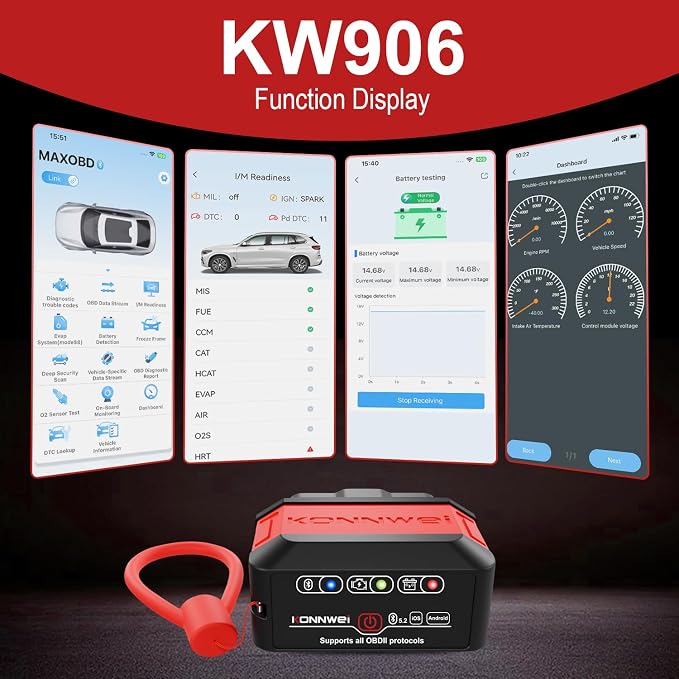 KONNWEI KW906 Red OBD2 Scanner Bluetooth (Red)