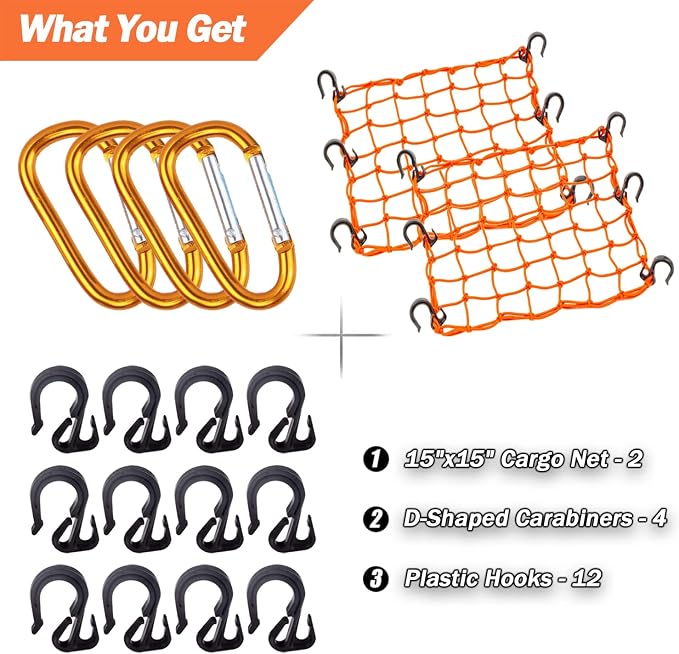Cargo Net 15"x15" Stretches to 30"x30" with Thicken Hooks | Natural Latex Core, Tight 2”x2” Mesh Small Heavy Duty Bungee Net for Motorcycle Helmet, Bike, ATV, UTV, Luggage (Orange, 2 Pack)