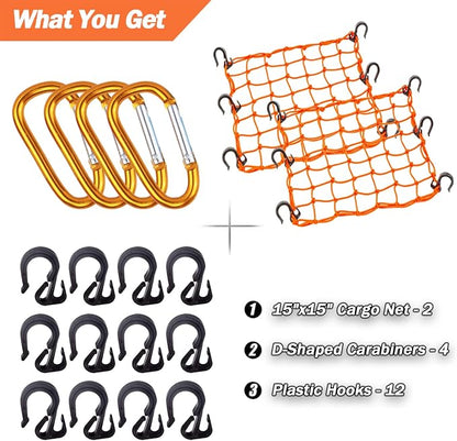 Cargo Net 15"x15" Stretches to 30"x30" with Thicken Hooks | Natural Latex Core, Tight 2”x2” Mesh Small Heavy Duty Bungee Net for Motorcycle Helmet, Bike, ATV, UTV, Luggage (Orange, 2 Pack)