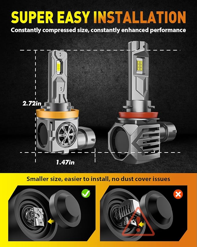 Termitor Latest H11 Driving Light Bulbs, 45,000LM Brightness, 6500K Cool White H9/H8/H16 Driving light bulbs, 10-Year Service Life with Cooling Fan, Real 1:1 Mini Size, Plug-N-Play, Pack of 2
