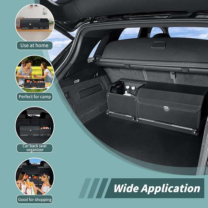 Car Trunk Organizer, Collapsible Leather Car Trunk Storage Organizer with Lid and Sturdy Handle Car Organizer and Storage for SUV, Truck, Sedan (Black, 36.2 x 11.4 x 12.2in)