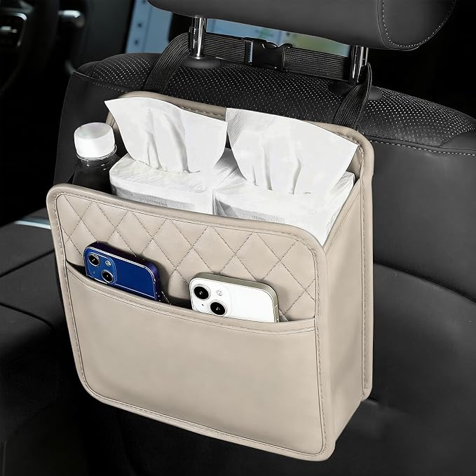 Car Seat Back Organizer, Leather Backseat Hanging Storage Bag, Multipurpose Car Hanging Trash Bag with 2 Compartments, Car Large Capacity Pouch Pocket for Kids & Adults (Beige)