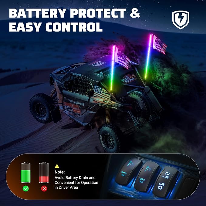 Ehaho 2 PCS 2FT Whip Lights with Spring Base, APP & Remote Control Led Whip Lights for Side by Side, Spiral RGB Chasing Lighted Whips with Rocker Switch, Music Led Whips for UTV ATV RZR SXS Can-Am