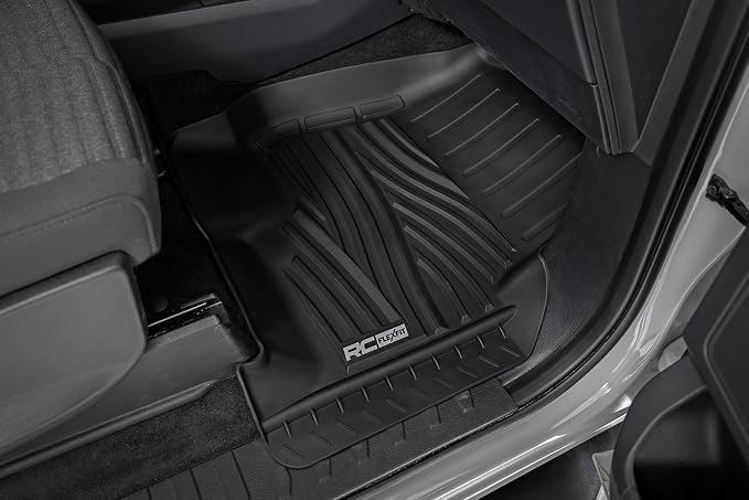 Rough Country Flex-Fit Floor Mats for Ford F-150 (2015-25)/F-150 Lightning (2022-25)/Raptor (2017-25) Crew Cab - Front & Rear Set, All-Weather Non-Slip TPE Liners w/Spill Saver Lip