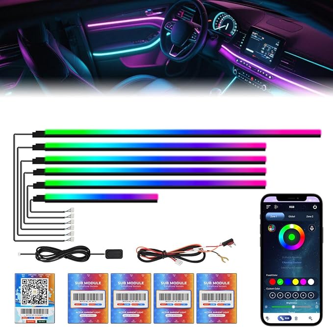 Dreamcolor Acrylic Interior Car Lights 6 in 1 RGB LED Strip Lights with APP Control 252 Color Modes DIY Fiber Optic Ambient Lighting Kits Music Car Neon Light Kits New Version