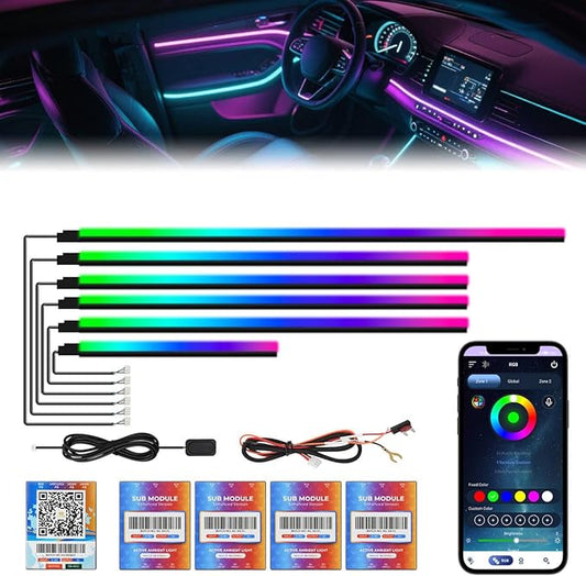 Dreamcolor Acrylic Interior Car Lights 6 in 1 RGB LED Strip Lights with APP Control 252 Color Modes DIY Fiber Optic Ambient Lighting Kits Music Car Neon Light Kits New Version