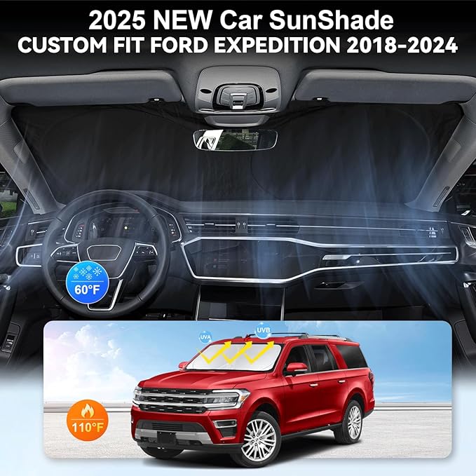 Sunshade for Expedition Windshield Sun Shade Custom-fit for 2025 2024 2023-2018 Ford Expedition SUV Accessories Foldable Front Window Shield Windshield Cover Sun Visor Protector UV Heat Reflector
