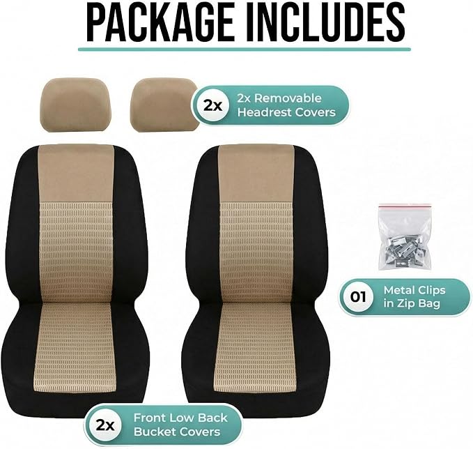 FH Group Universal Car Seat Covers Front Set for SUV Truck Sedan Vans | 3D Textured Breathable Fabric Seat Cover Set Protector with Airbag Compatible Interior Upgrade - Beige