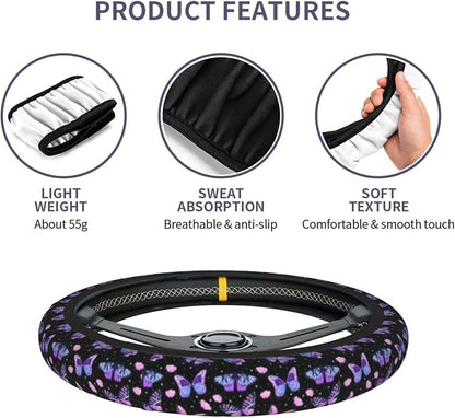 Purple Butterfly Steering Wheel Cover 15 Inch with 2 Pieces Car Coaster | Anti-Slip Breathable Universal for Car Steering Wheel Covers Suitable for Men Women