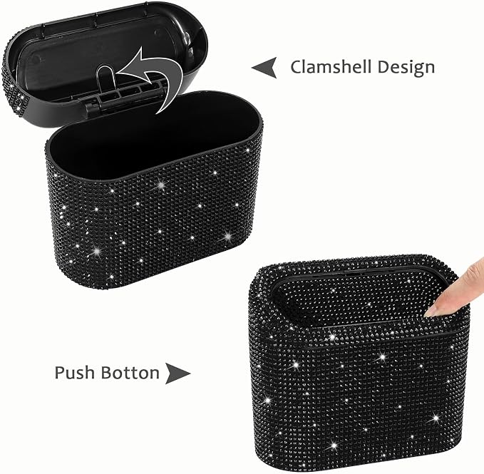 Accmor Bling Car Trash Can with Lid, Mini Vehicle Garbage Organizer Storage Bin Dustbin, Sparkling Crystal Rhinestone Holder Container with 30pcs Garbage Bags Car Accessories