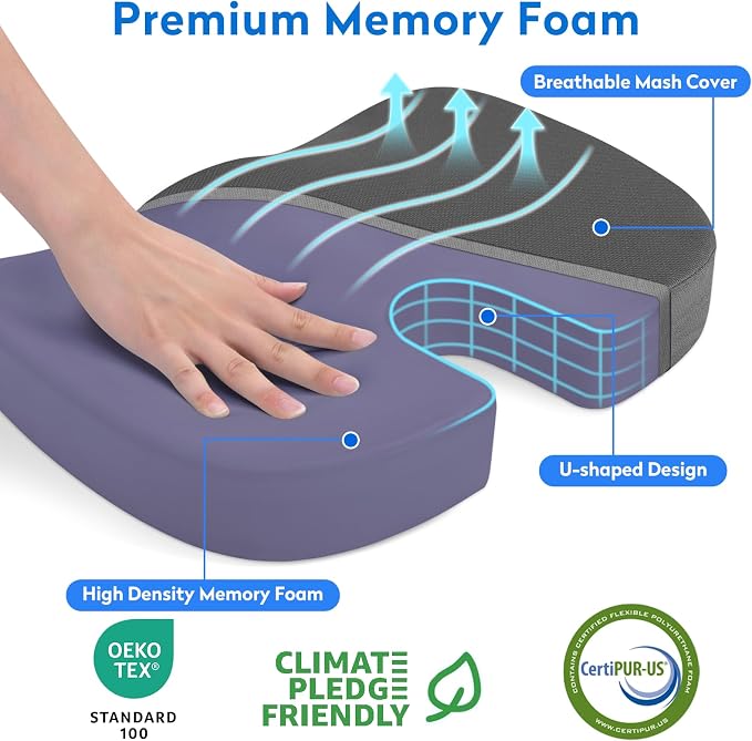 XXL Seat Cushion Office Car Seat Cushion, Memory Foam Cushion for Office Chair, Car Seat, Airplane, Bleacher Non-Slip Chair Pad, Butt Pillow for Desk, Wheelchair, Car