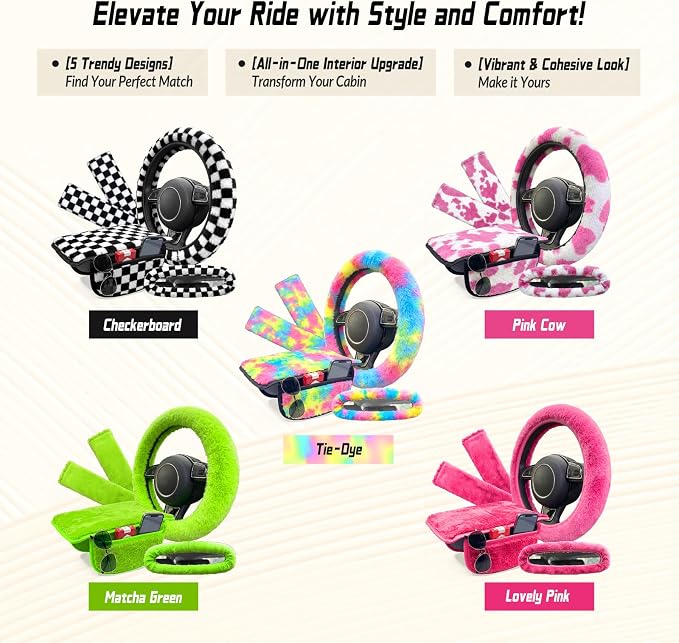5 Pcs Fuzzy Tie Dye Rainbow Car Accessories Set, Soft Fluffy Plush Steering Wheel Cover, Center Console Armrest Pad & Rearview Mirror Cover - Interior Decorations for Women,Universal Fit (Candy)