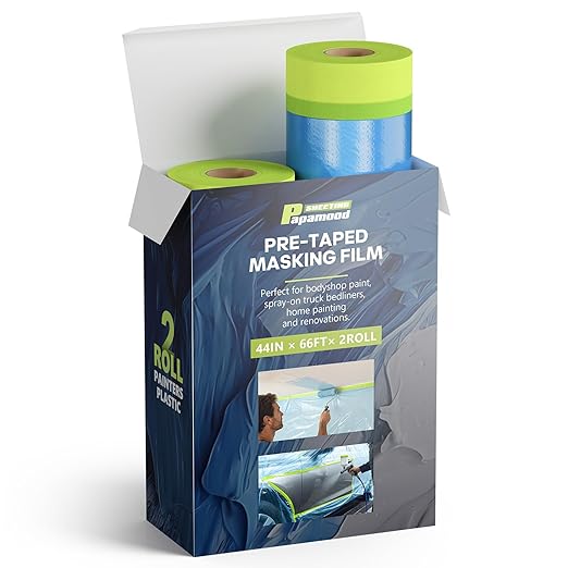 Pre-Taped Masking Film for Painting(2 Roll) - 44" x 66'Painters Plastic Sheeting with Tape and Drape, Painters Drop Cloth for Automotive & Home, Cover for Walls/Floors/Windows/Cars Protection
