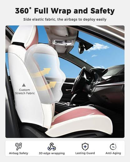 Huidasource Car Seat Covers Full Set, Universal Fit for Most Cars SUV Trucks, Full Coverage Nappa Leather Seat Cover, Airbag, Cupholder Compatible, Seat Function Retain, White&Pink