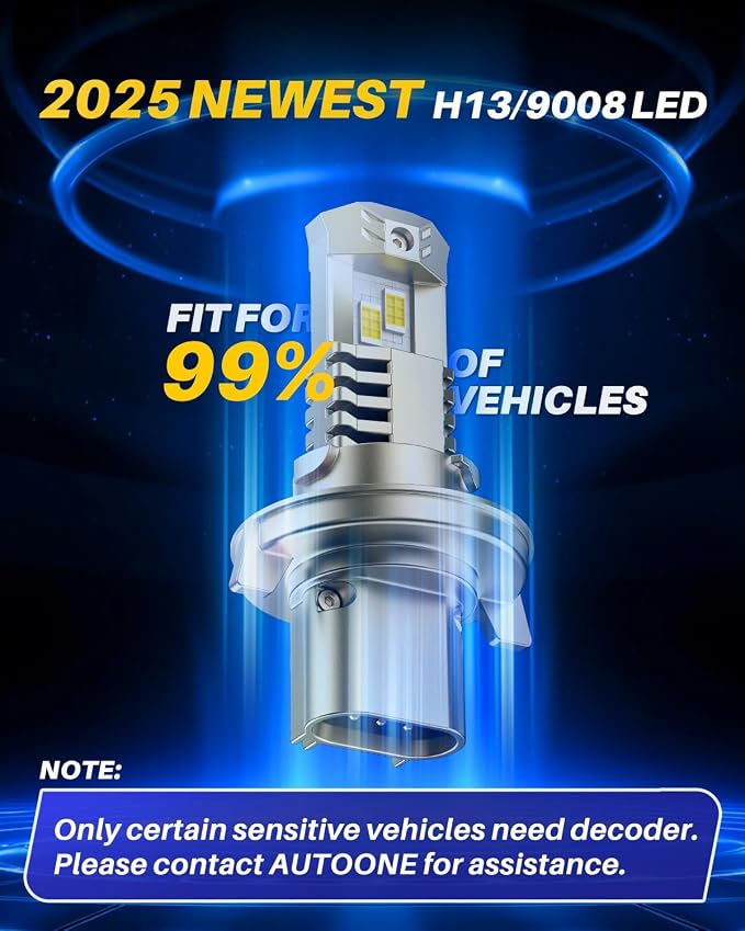 AUTOONE H13 LED Light Bulb, 52000LM 800% Super Bright, 6000K Cool White Hi/Low Beam 9008 Light bulbs, 1:1 Mini Size Quick Install No Adapter Needed, Nonpolarity Plug N Play, Pack of 2