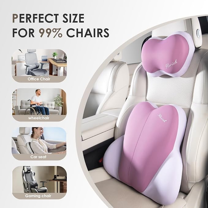 FLORICH Lumbar Support with Car headrest Back Pillow for Chairs Headrest Pillow for Car Ergonomic Ultrathick Memory Foam Back Pillow for Office Chair (Dark Purple)