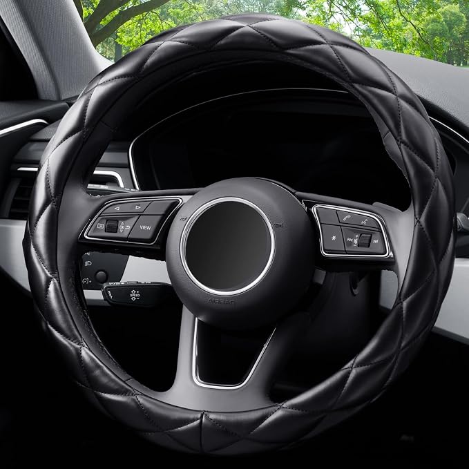 YHONGJT Soft Microfiber Leather Steering Wheel Cover, Universal 15 Inch for Women Girls, Fit Vehicles, Sedans, SUVs, Vans, Trucks - Black