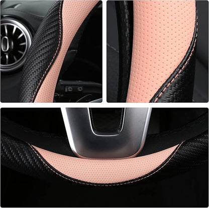 HighnessHwoo Car Steering Wheel Covers for Women Padded Carbon Fiber PU Leather Cute Auto Interior Accessories for Vehicle, Sedan, Universal, Anti Slip, Pink, Standard Size, 14.75-15.15in