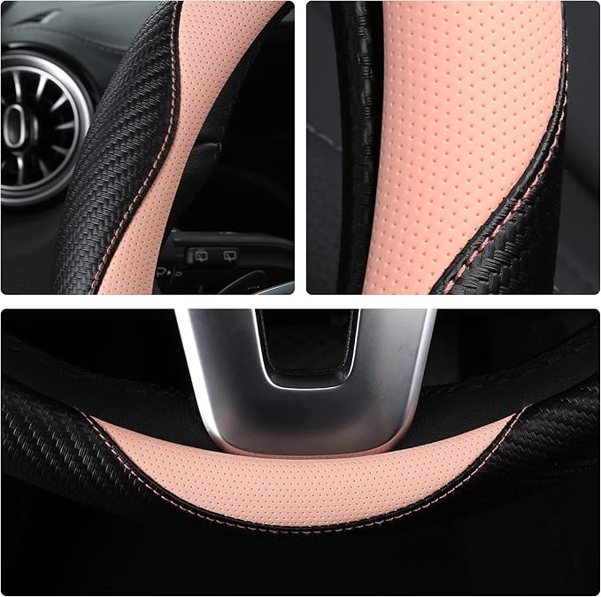 HighnessHwoo Car Steering Wheel Covers for Women Girl Padded Carbon Fiber PU Leather Cute Cartoon Auto Interior Accessories for Jeep, Truck, Universal, Anti Slip, Pink, Large Size, 15.2-16in