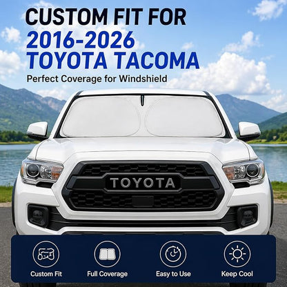Windshield Sun Shade for 2016-2025 2026 Toyota Tacoma, Keeps Interior Cooler in Extreme Heat, Custom Fit Foldable Sunshade with Reinforced Frame UV Protection