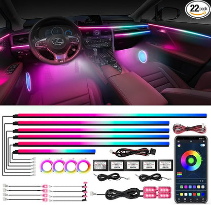 Dreamcolor Acrylic Ambient Lighting Car Lights – Wireless APP Control, Music Sync, Dynamic RGB Interior Car LED Strip Light Kit, 22-in-1 Customizable LED Neon Light Kits for Car Interior