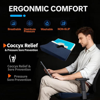 Gel Wheelchair Seat Cushion,Bed Sore Cushions for Butt,hemorrhoid pillow for Chair,Pressure Sore cushion,Memory Foam Butt Pillow,Sciatica,Coccyx,Pressure Ulcer Pain Relief,Washable Cover(Blue)