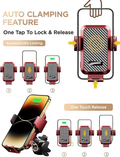 JOYMASS Wireless Car Charger, Phone Holders for Your Car, 15W Auto Clamping Phone Mount Car Accessories for iPhone 16 15 14 13 12 Mini Pro Max 11, Samsung Galaxy S24 Ultra S23 S22+ Note 20, etc - Red