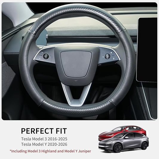 Uxcer Carbon Fiber Leather Steering Wheel Cover for Tesla Model 3/Y 2016-2025 2026 Juniper/Highland, Non-Slip Breathable Steering Wheel Protector for Tesla Model 3/Y Accessories 2026