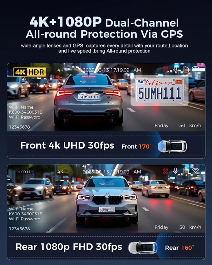 OVAMAN K600 4k Dash Cam Front and Rear, 3.59" IPS Screen, Built-in GPS 5G WiFi Dash Camera for Cars with App, UHD 2160P Night Vision Free 64G SD Card, 170° Wide Angle, HDR, 24H Parking Mode